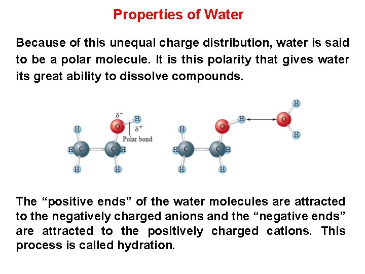Properties of Water Because of this unequal charge distribution, water is said to be