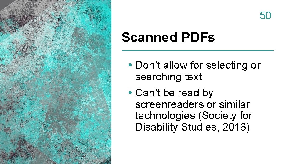 50 Scanned PDFs • Don’t allow for selecting or searching text • Can’t be