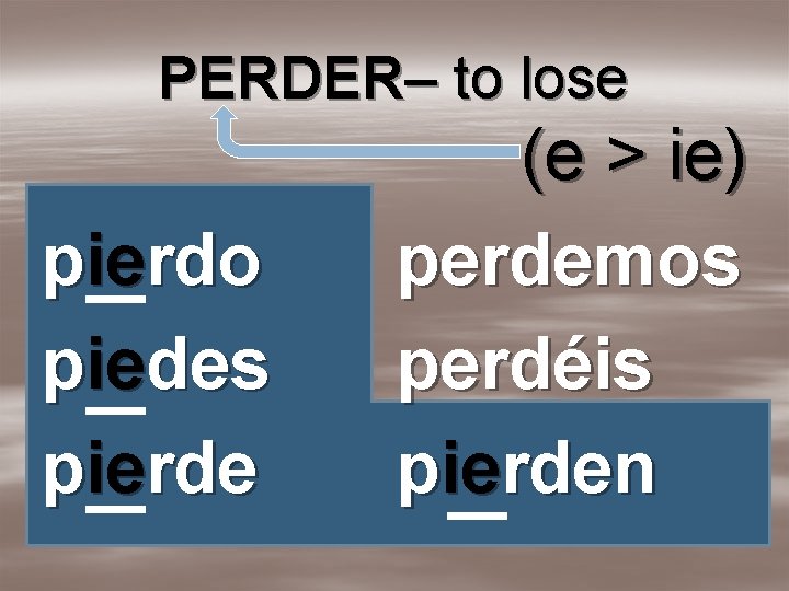 PERDER– to lose pierdo piedes pierde (e > ie) perdemos perdéis pierden 