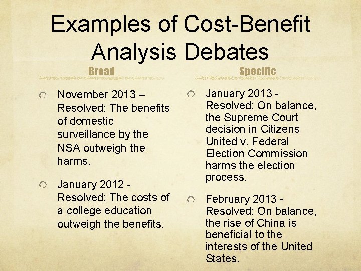 Examples of Cost-Benefit Analysis Debates Broad November 2013 – Resolved: The benefits of domestic