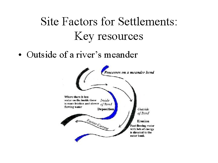 Site Factors for Settlements: Key resources • Outside of a river’s meander 