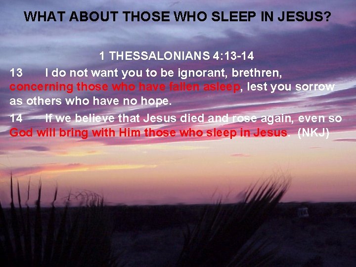 WHAT ABOUT THOSE WHO SLEEP IN JESUS? 1 THESSALONIANS 4: 13 -14 13 I