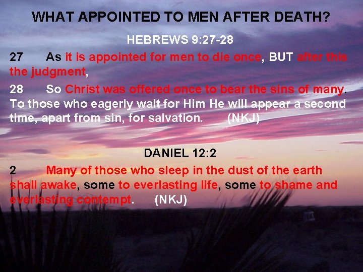 WHAT APPOINTED TO MEN AFTER DEATH? HEBREWS 9: 27 -28 27 As it is