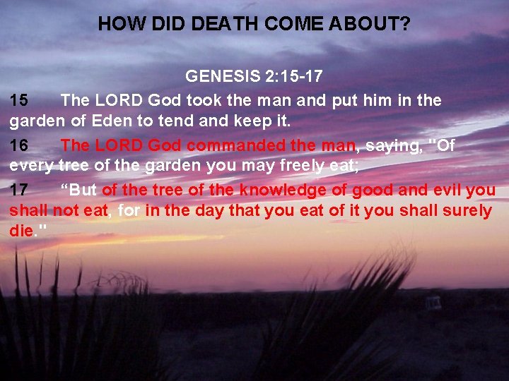 HOW DID DEATH COME ABOUT? GENESIS 2: 15 -17 15 The LORD God took