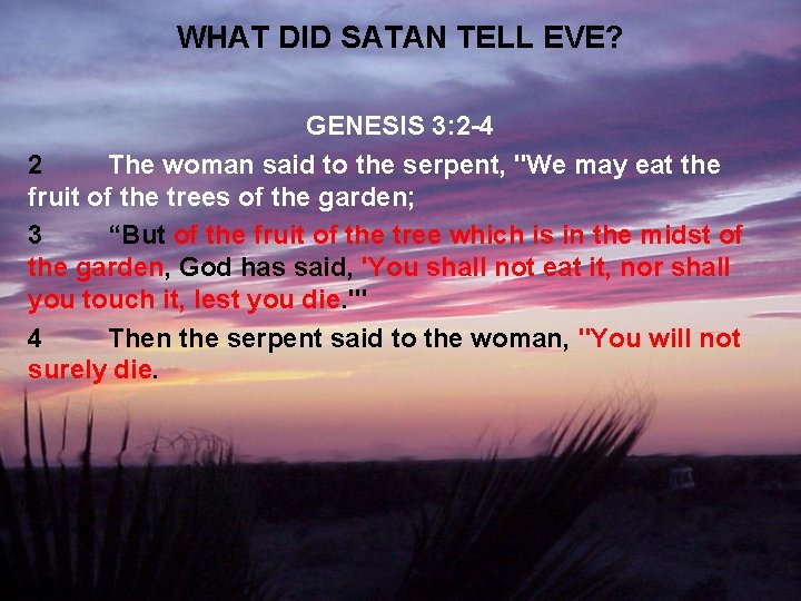 WHAT DID SATAN TELL EVE? GENESIS 3: 2 -4 2 The woman said to