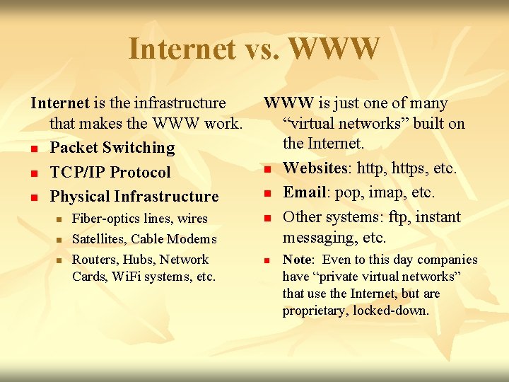 Internet vs. WWW Internet is the infrastructure that makes the WWW work. n Packet