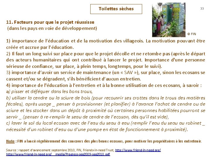 Toilettes sèches 33 11. Facteurs pour que le projet réussisse (dans les pays en