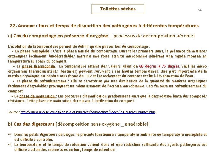 Toilettes sèches 54 22. Annexe : taux et temps de disparition des pathogènes à