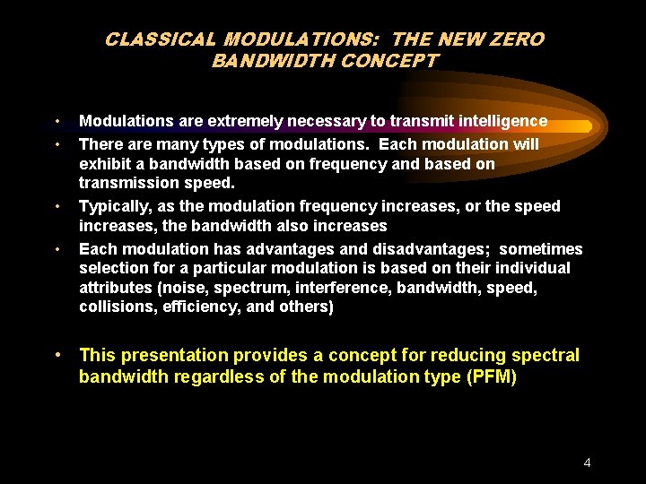 CLASSICAL MODULATIONS: THE NEW ZERO BANDWIDTH CONCEPT • • Modulations are extremely necessary to