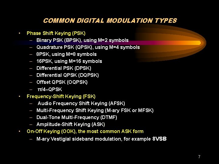COMMON DIGITAL MODULATION TYPES • • • Phase Shift Keying (PSK) – Binary PSK