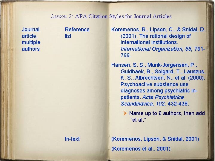 Lesson 2: APA Citation Styles for Journal Articles Journal article, multiple authors Reference list