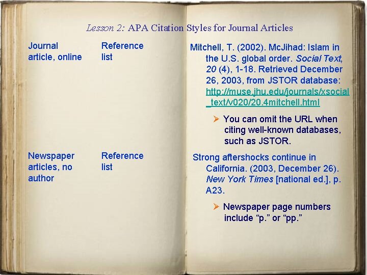 Lesson 2: APA Citation Styles for Journal Articles Journal article, online Reference list Mitchell,