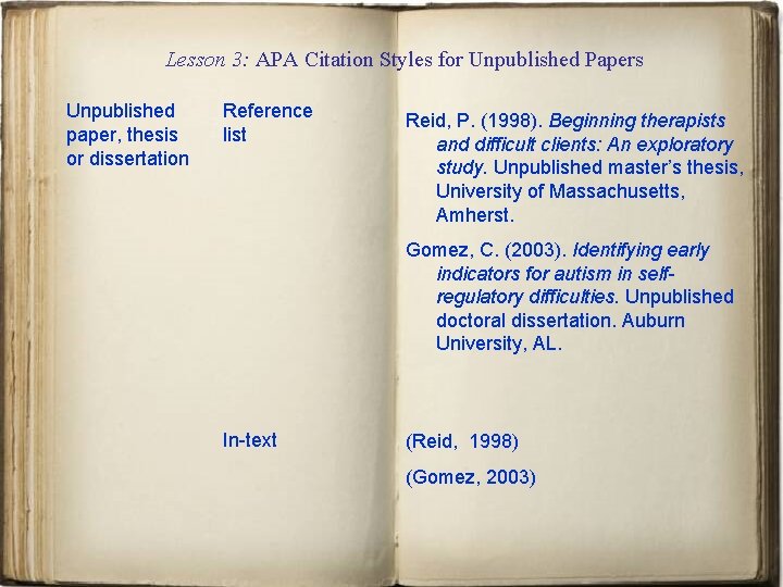 Lesson 3: APA Citation Styles for Unpublished Papers Unpublished paper, thesis or dissertation Reference