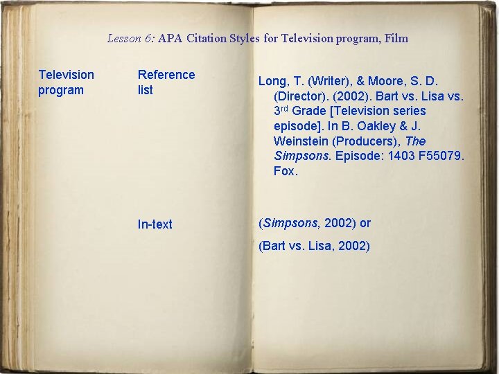 Lesson 6: APA Citation Styles for Television program, Film Television program Reference list Long,