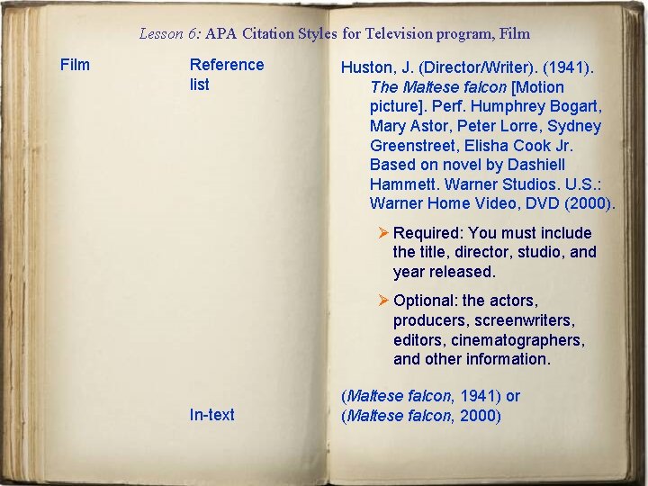 Lesson 6: APA Citation Styles for Television program, Film Reference list Huston, J. (Director/Writer).