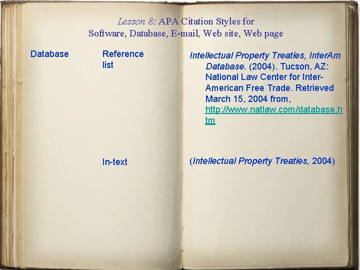 Lesson 8: APA Citation Styles for Software, Database, E-mail, Web site, Web page Database