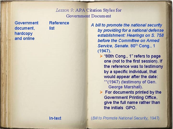 Lesson 9: APA Citation Styles for Government Document Government document, hardcopy and online Reference