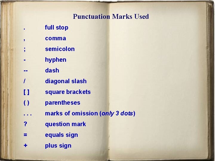 Punctuation Marks Used. full stop , comma ; semicolon - hyphen -- dash /