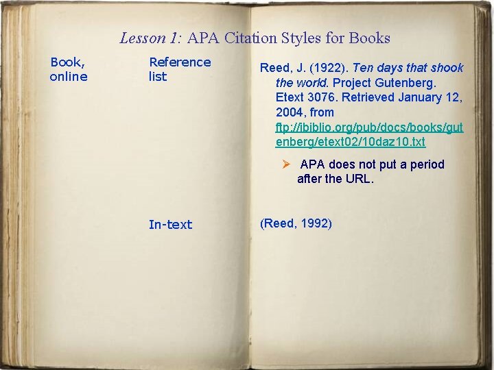 Lesson 1: APA Citation Styles for Books Book, online Reference list Reed, J. (1922).