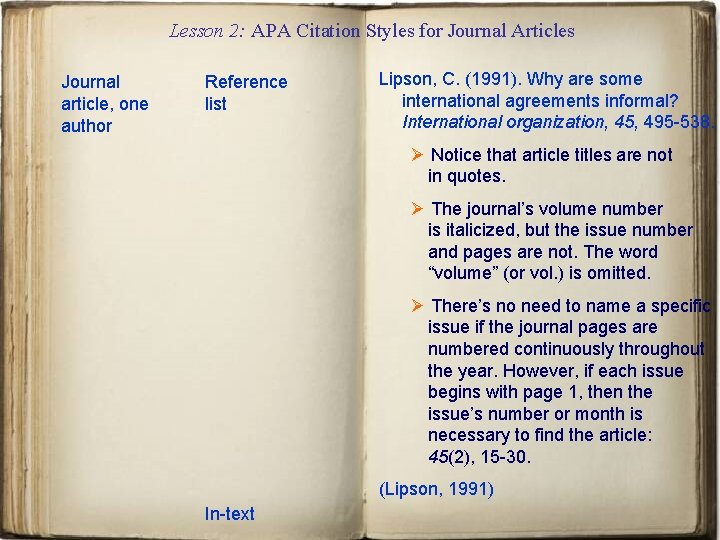 Lesson 2: APA Citation Styles for Journal Articles Journal article, one author Reference list