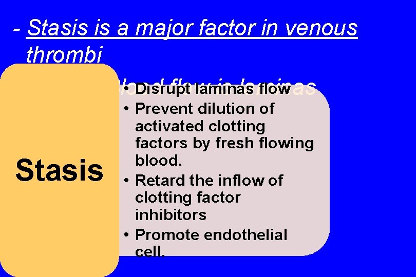 - Stasis is a major factor in venous thrombi • Disrupt laminas flow -