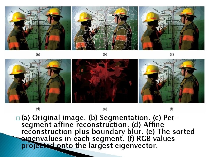 � (a) Original image. (b) Segmentation. (c) Persegment affine reconstruction. (d) Affine reconstruction plus