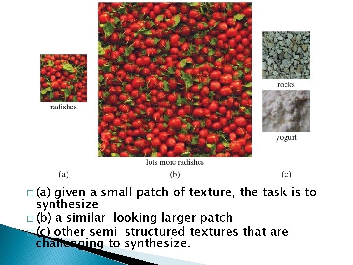 � (a) given a small patch of texture, the task is to synthesize �