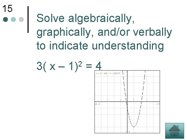 15 Solve algebraically, graphically, and/or verbally to indicate understanding 3( x – 1)2 =