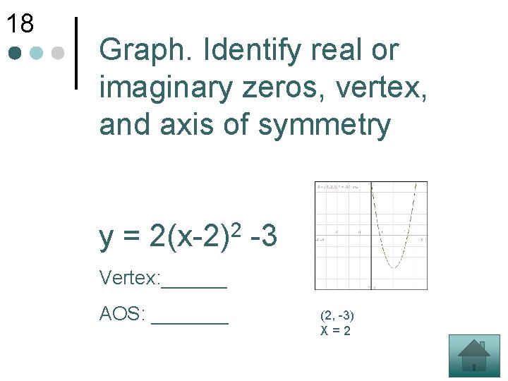 18 Graph. Identify real or imaginary zeros, vertex, and axis of symmetry y= 2