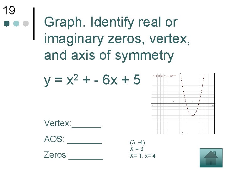 19 Graph. Identify real or imaginary zeros, vertex, and axis of symmetry y =