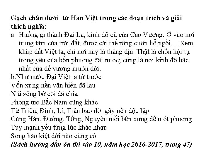 Gạch chân dưới từ Hán Việt trong các đoạn trích và giải thích nghĩa: