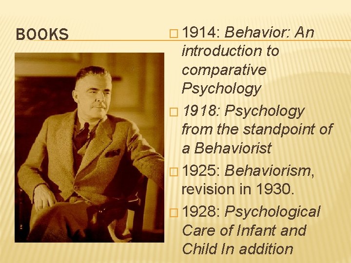 BOOKS � 1914: Behavior: An introduction to comparative Psychology � 1918: Psychology from the