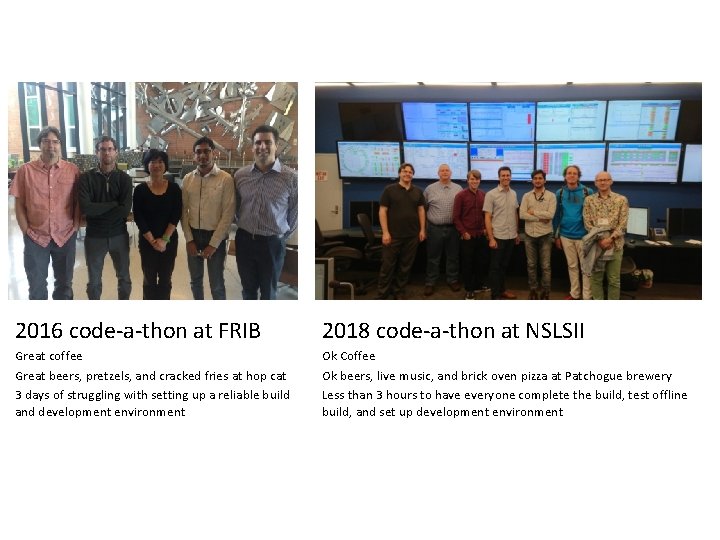 2016 code-a-thon at FRIB 2018 code-a-thon at NSLSII Great coffee Great beers, pretzels, and 2016 code-a-thon at FRIB 2018 code-a-thon at NSLSII Great coffee Great beers, pretzels, and