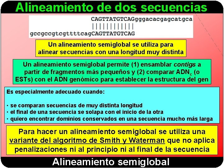 Alineamiento de dos secuencias Un alineamiento semiglobal se utiliza para alinear secuencias con una