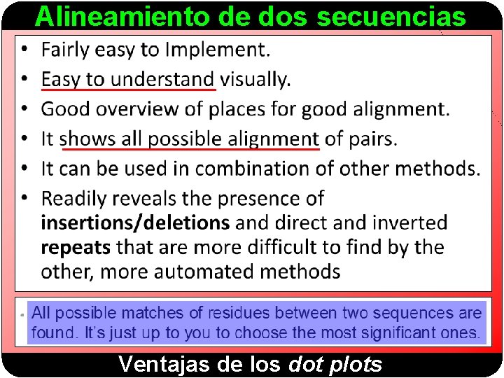 Alineamiento de dos secuencias Ventajas de los dot plots 