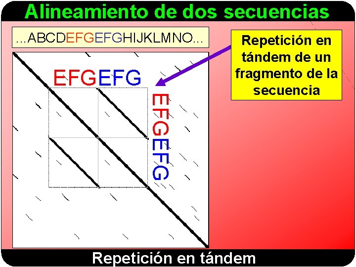 Alineamiento de dos secuencias. . . ABCDEFGEFGHIJKLMNO. . . EFGEFG Repetición en tándem de