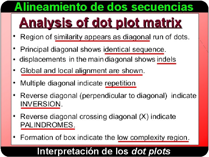 Alineamiento de dos secuencias Interpretación de los dot plots 
