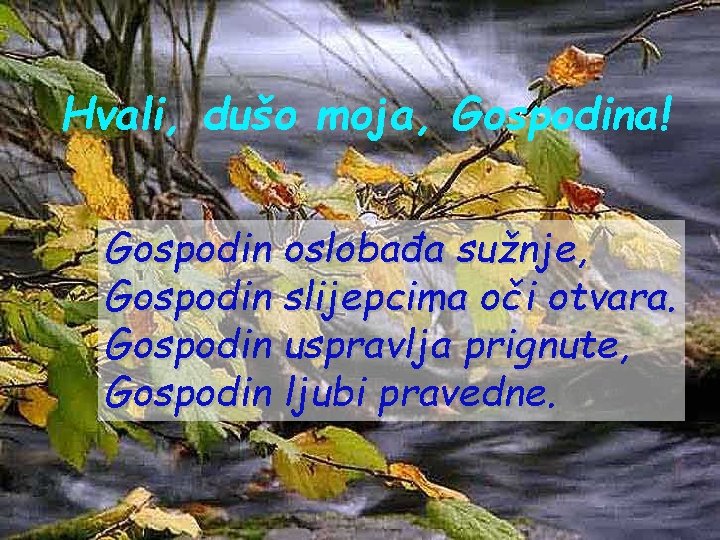 Hvali, dušo moja, Gospodina! Gospodin oslobađa sužnje, Gospodin slijepcima oči otvara. Gospodin uspravlja prignute,