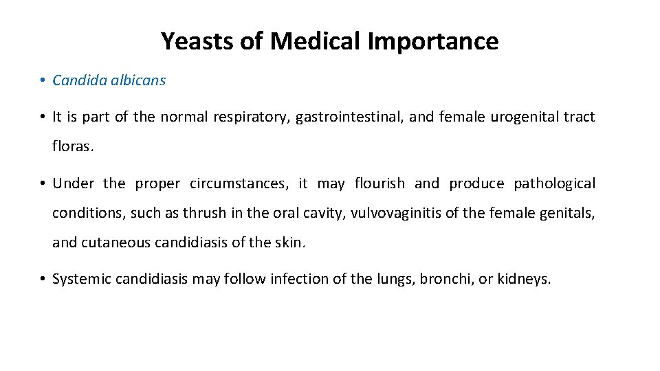 Yeasts of Medical Importance • Candida albicans • It is part of the normal