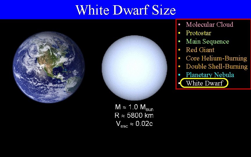 White Dwarf Size • • Molecular Cloud Protostar Main Sequence Red Giant Core Helium-Burning