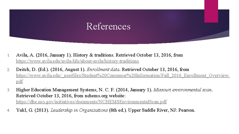 References 1. Avila, A. (2016, January 1). History & traditions. Retrieved October 13, 2016,