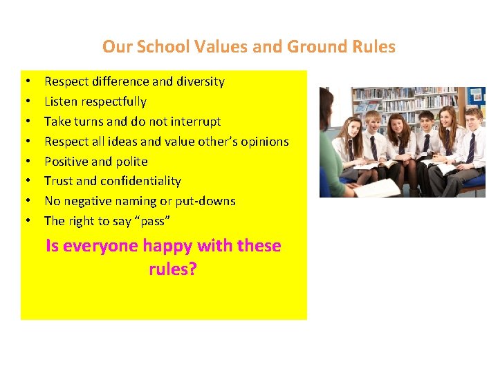 Our School Values and Ground Rules • • Respect difference and diversity Listen respectfully