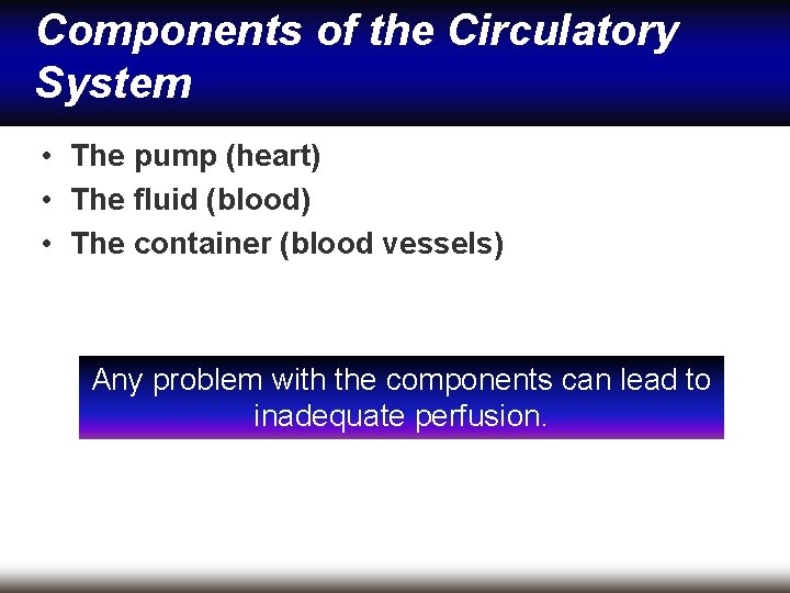 Components of the Circulatory System • The pump (heart) • The fluid (blood) •