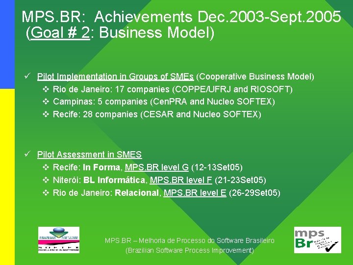 MPS. BR: Achievements Dec. 2003 -Sept. 2005 (Goal # 2: Business Model) ü Pilot