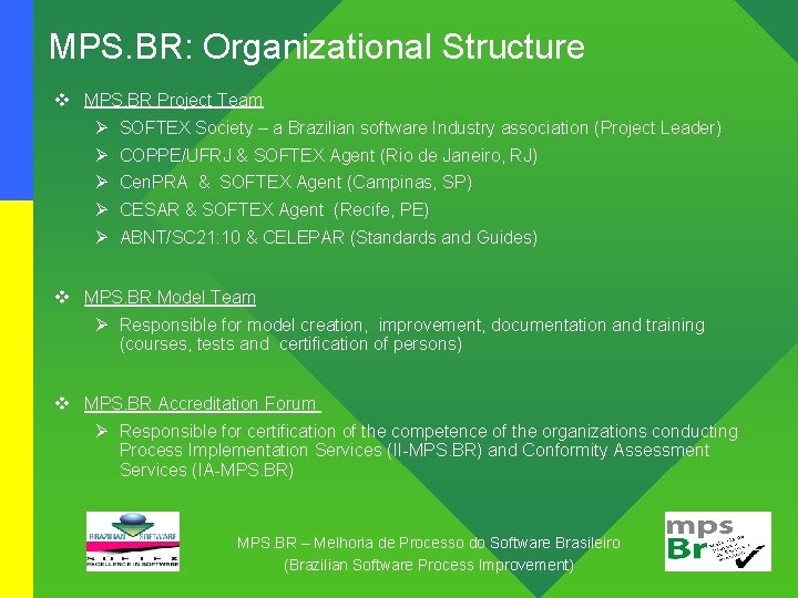 MPS. BR: Organizational Structure v MPS. BR Project Team Ø SOFTEX Society – a