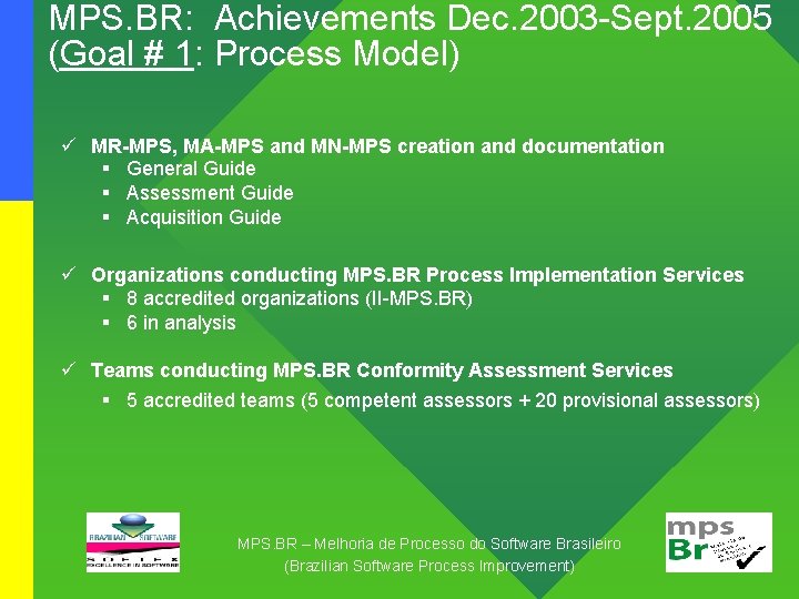 MPS. BR: Achievements Dec. 2003 -Sept. 2005 (Goal # 1: Process Model) ü MR-MPS,