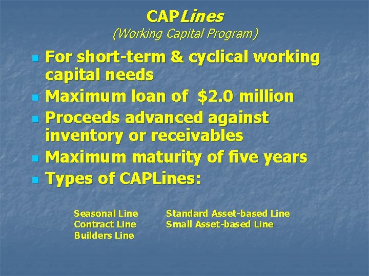 CAPLines (Working Capital Program) n n n For short-term & cyclical working capital needs