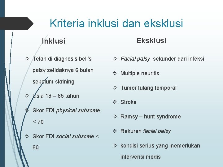 Kriteria inklusi dan eksklusi Inklusi Telah di diagnosis bell’s palsy setidaknya 6 bulan sebelum