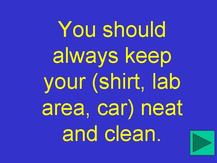 You should always keep your (shirt, lab area, car) neat and clean. 