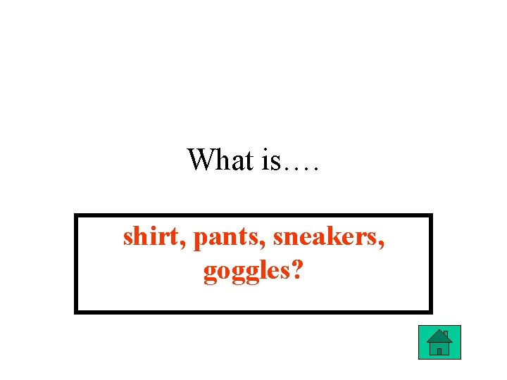 What is…. shirt, pants, sneakers, goggles? 